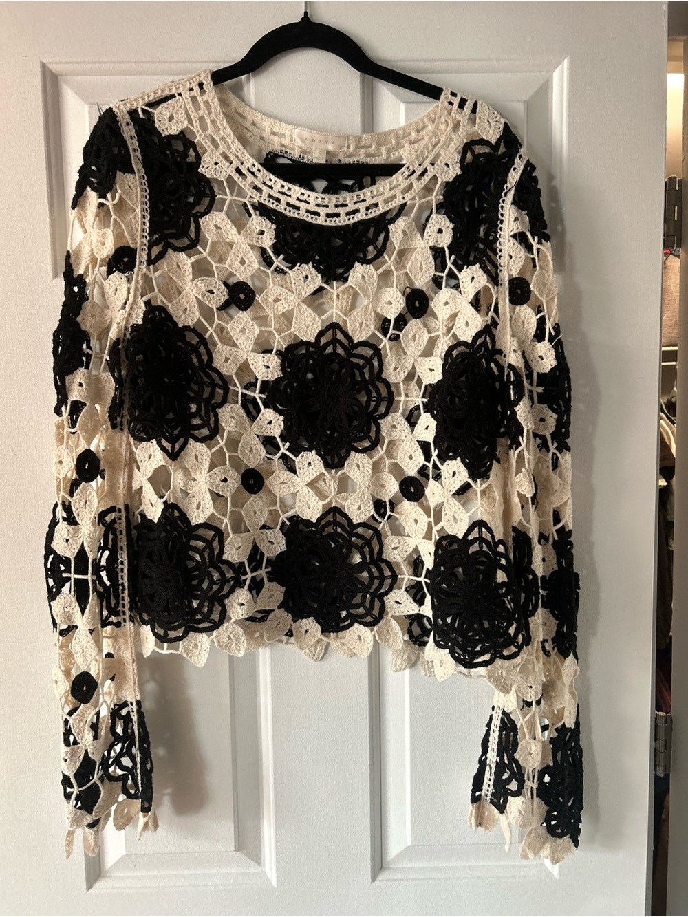 Adiva Cream Crochet Top with Black Floral Appliqué